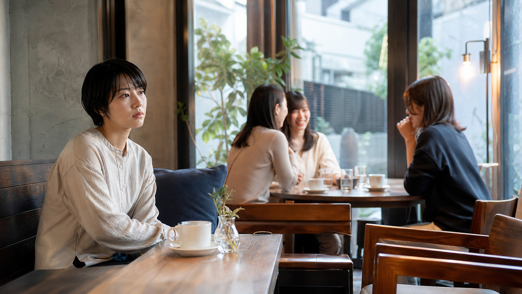 リア充の話がつまらないと感じる人がカフェで距離を置くイメージ