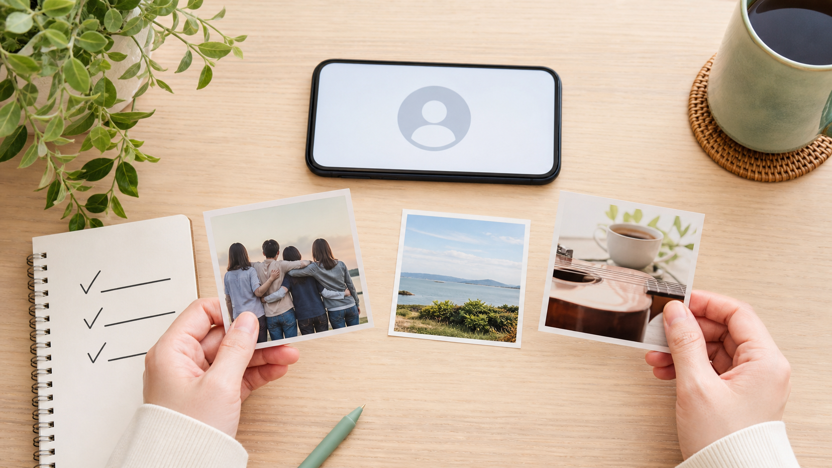 SNSアイコン候補の写真を見比べて自然な設定を選ぶ手元