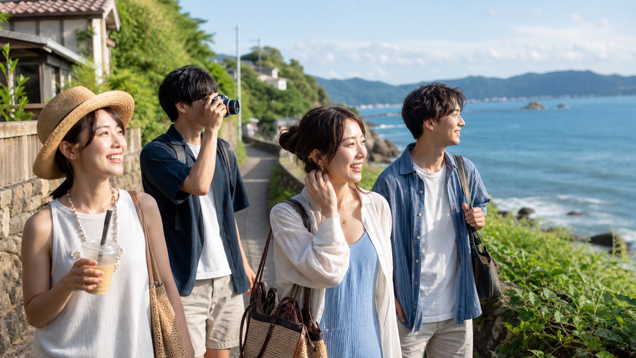 夏の海沿いを旅行する友人グループ