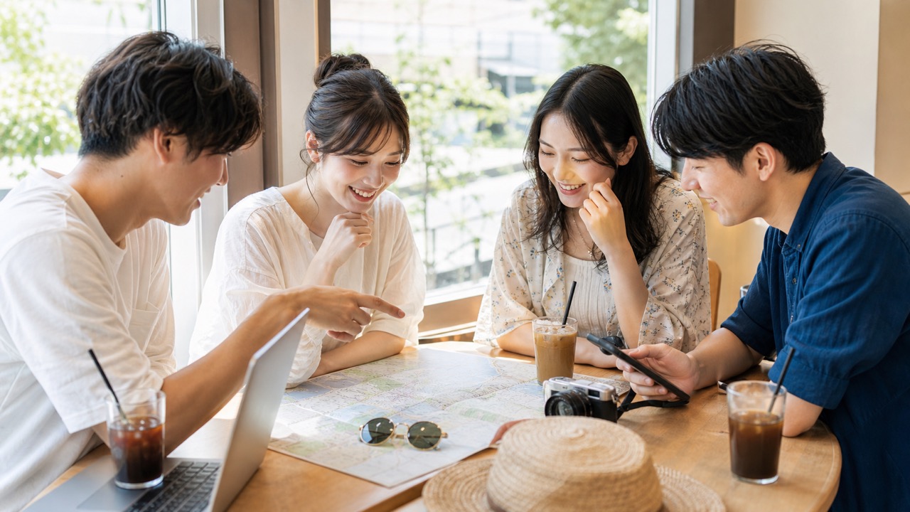 夏休みの旅行計画を立てる友人グループ
