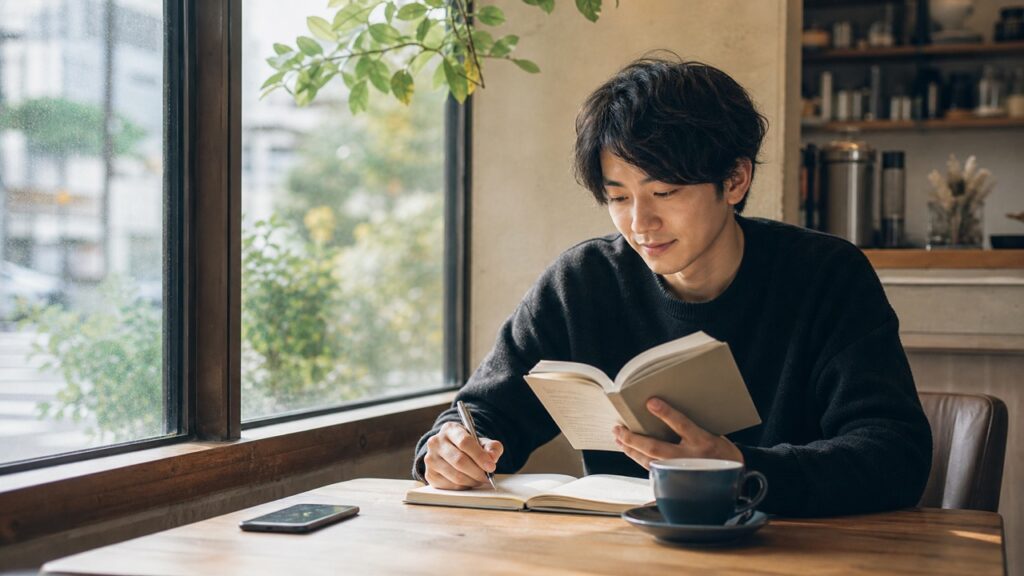 SNSでアピールしない隠れリア充がカフェで読書とメモを楽しむ様子