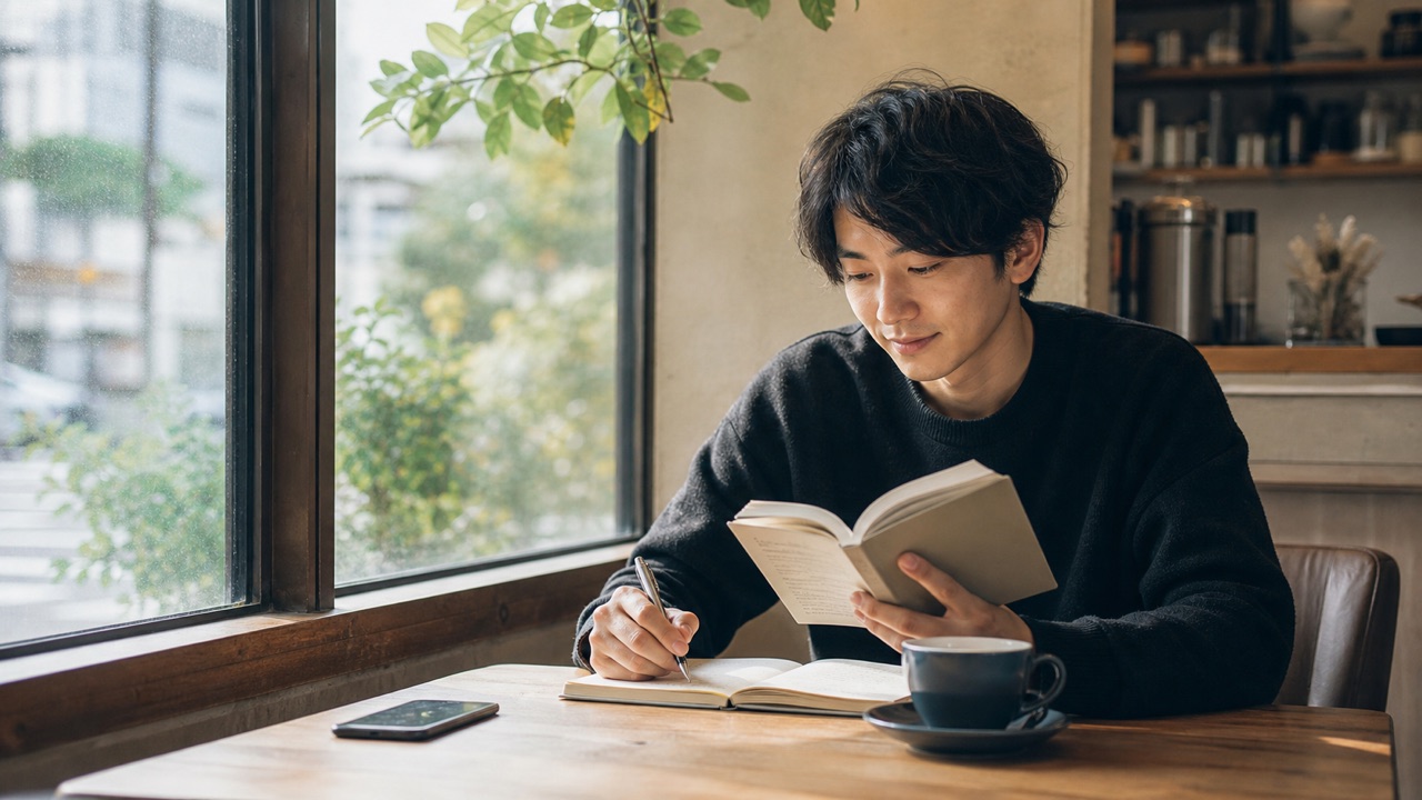 SNSでアピールしない隠れリア充がカフェで読書とメモを楽しむ様子