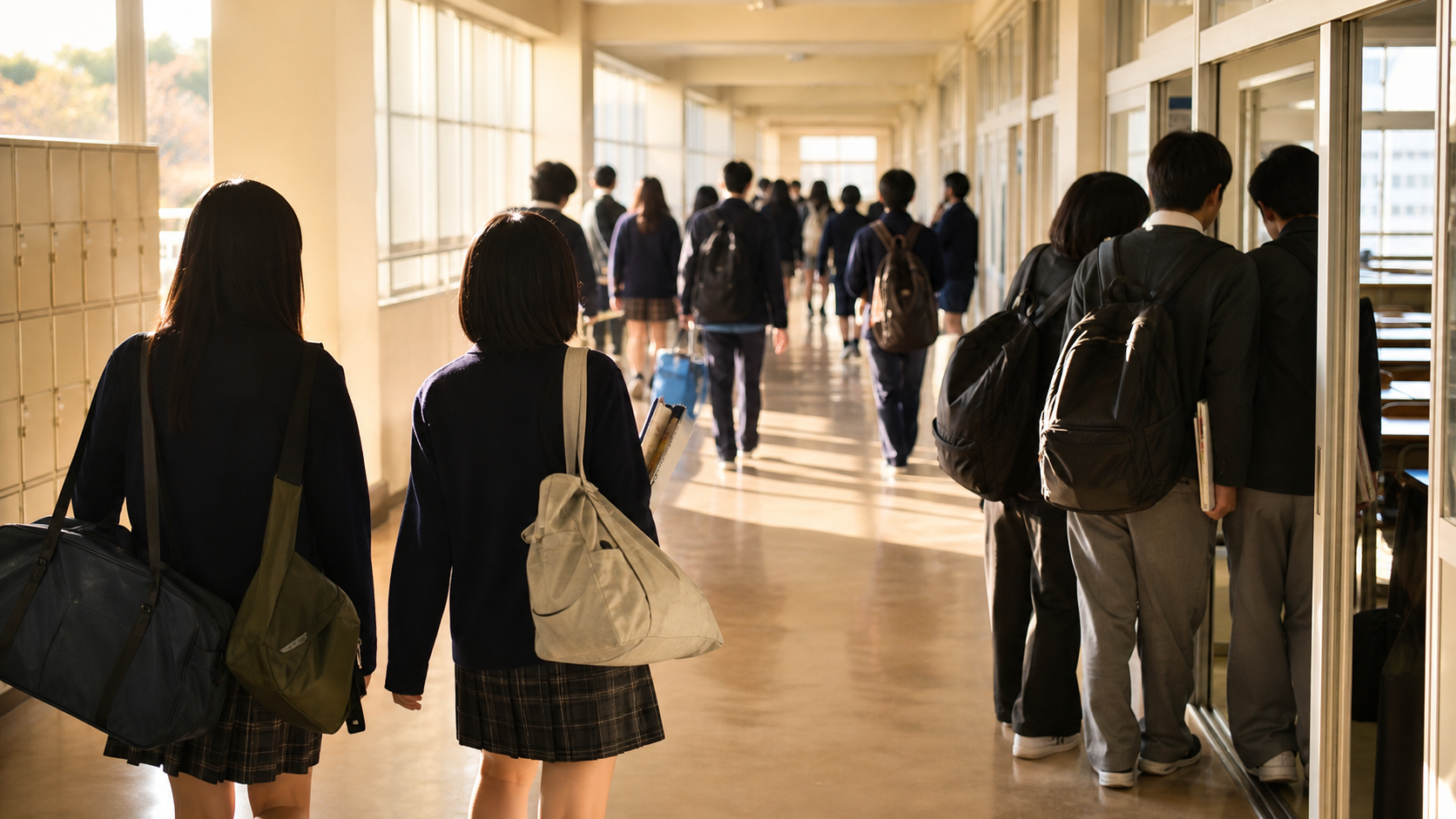 学校差によって高校生のリア充割合の見え方が変わる廊下のイメージ
