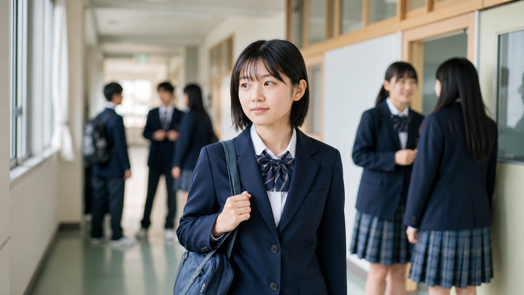 学校の廊下で友人グループとの距離を感じる高校生