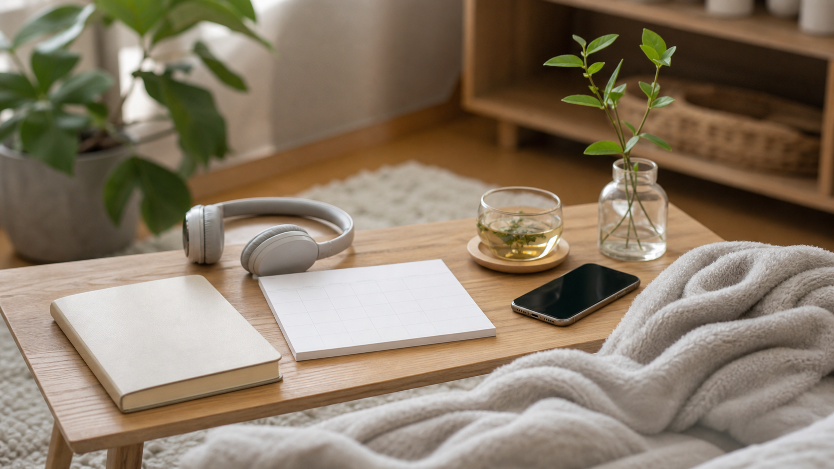 スマホを脇に置いて一人時間を整えるテーブル