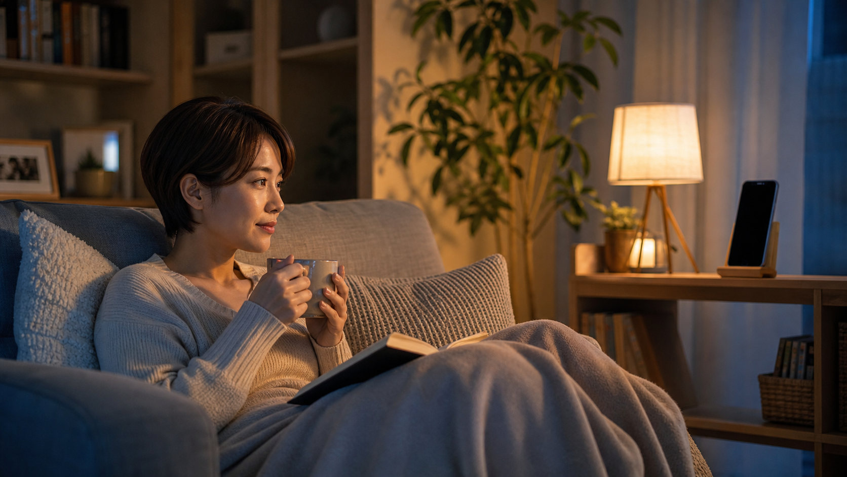 SNSと距離を置いてスマホを離し本とお茶で穏やかに過ごす夜