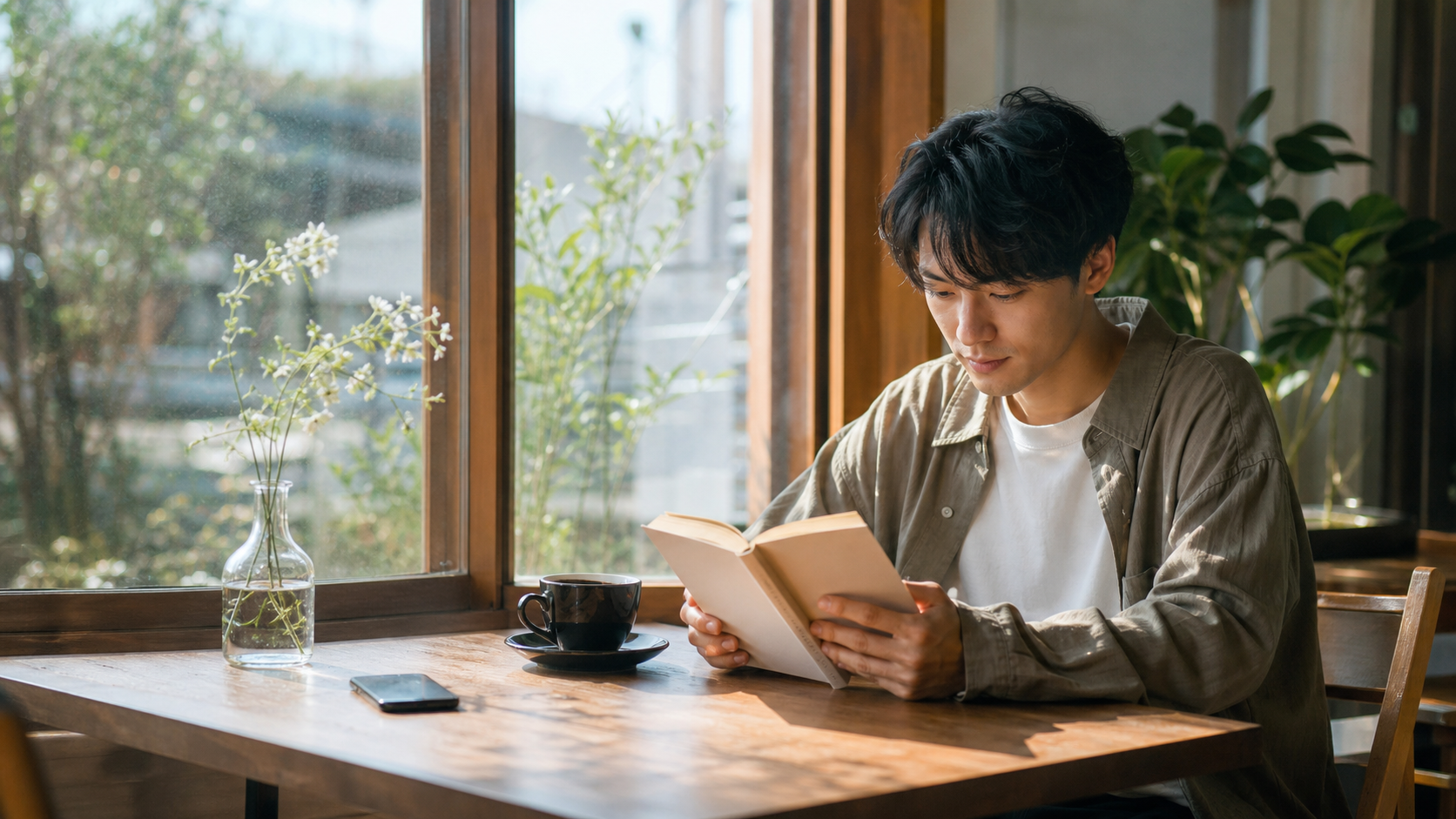 カフェでスマホを伏せて一人時間を楽しむ人