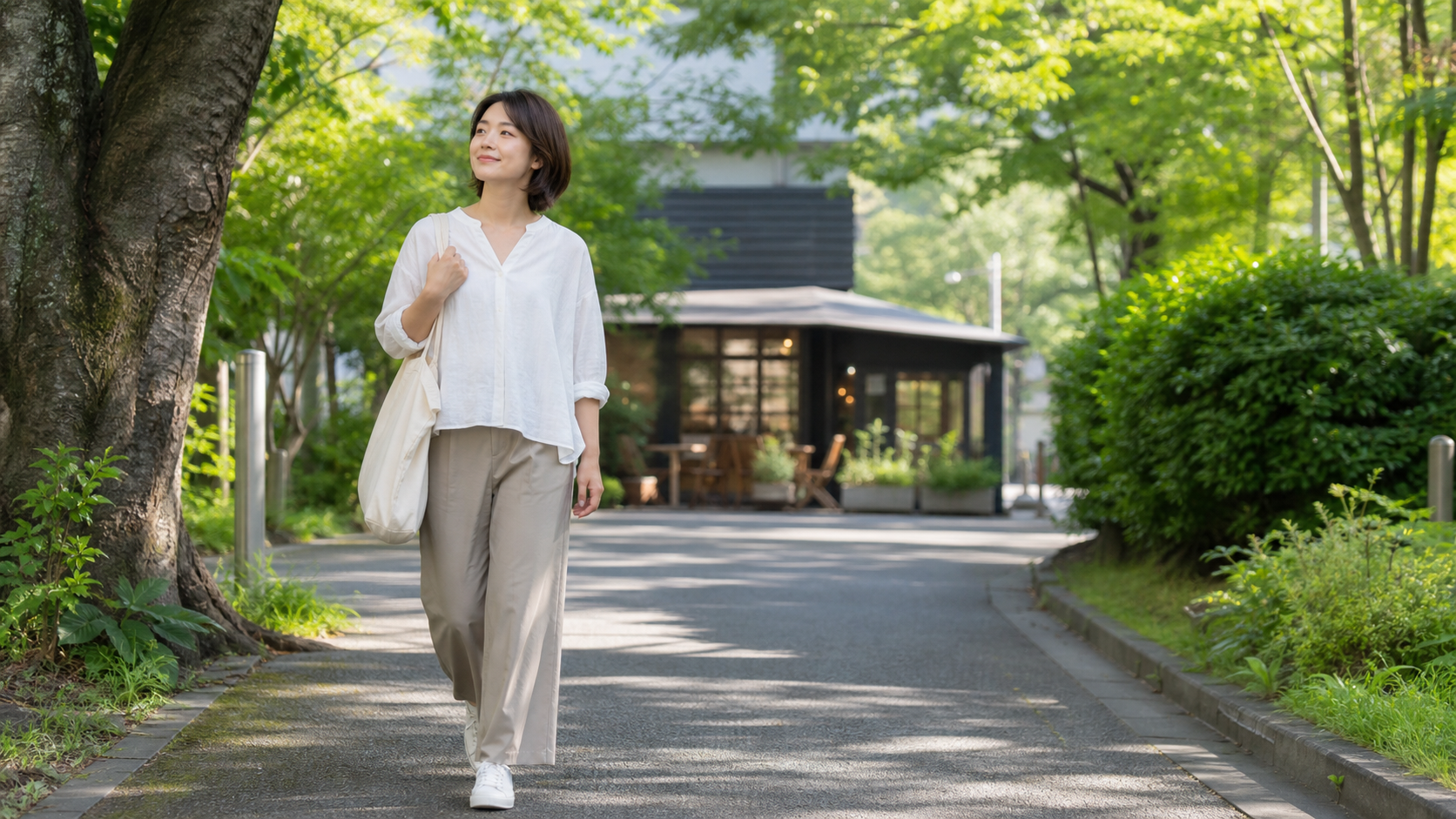ソロ週末を自分のペースで楽しむために緑の道を歩く人