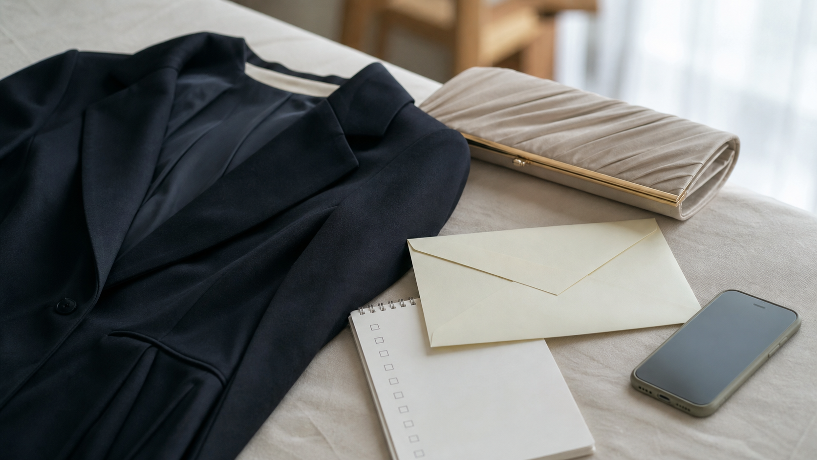 結婚式に参列する前に服装と持ち物を整える様子