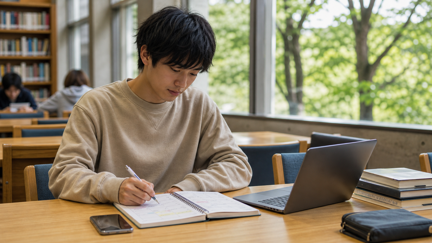 図書館で週間予定を整理する大学生