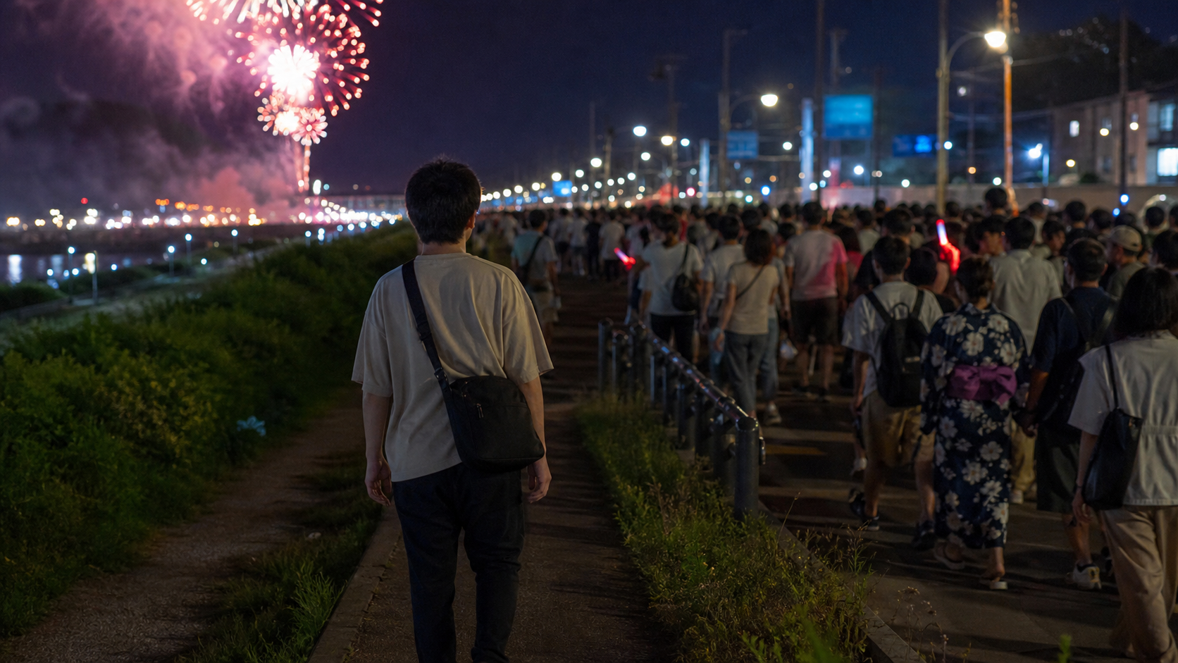 花火大会の混雑を避けて一人で帰るタイミングを選ぶ人