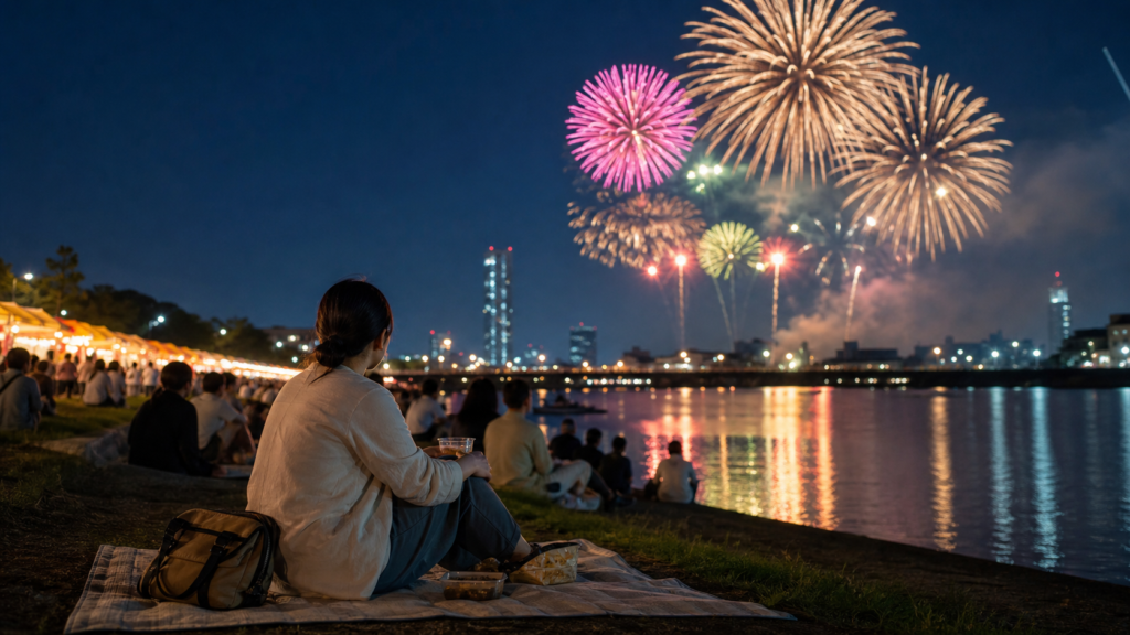 ぼっち花火大会で一人静かに花火を楽しむ人