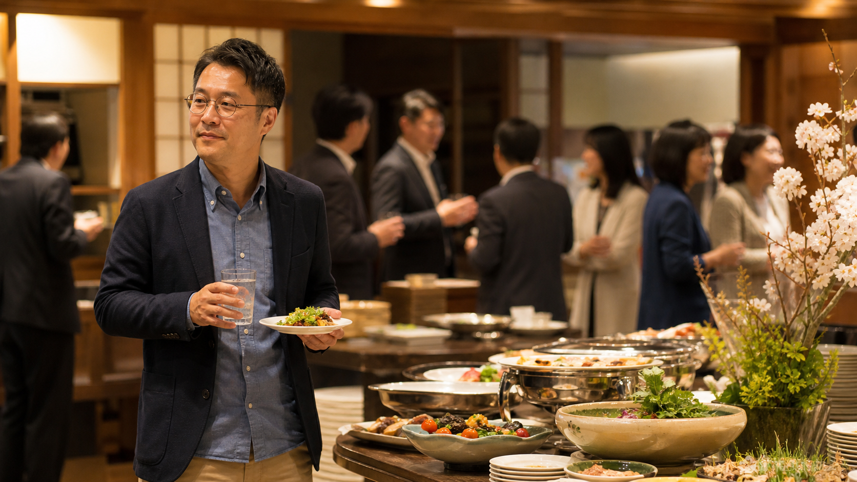 立食の同窓会で一人でも自然に過ごす場面
