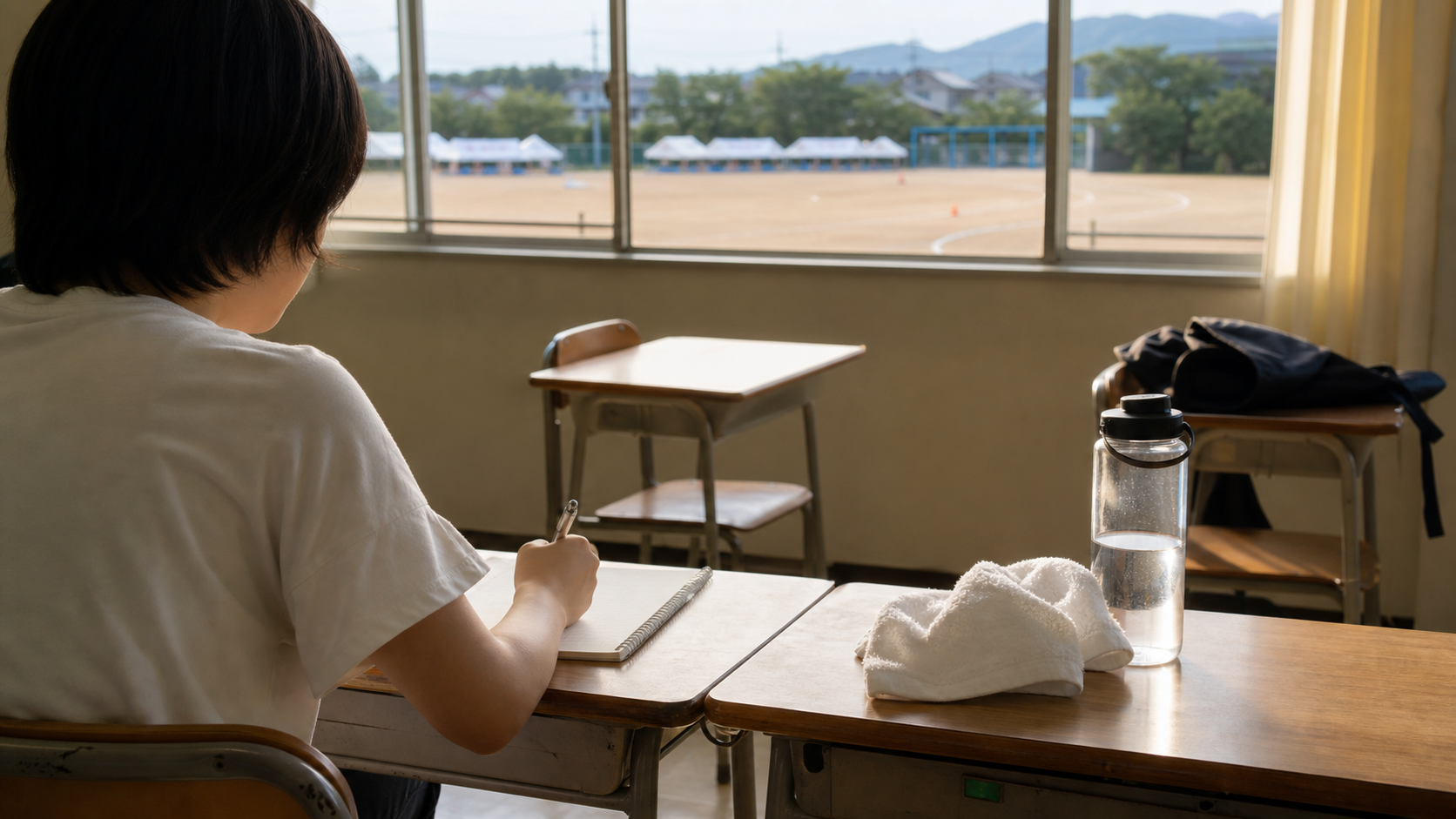体育祭後の教室でノートを書いて気持ちを整理する生徒