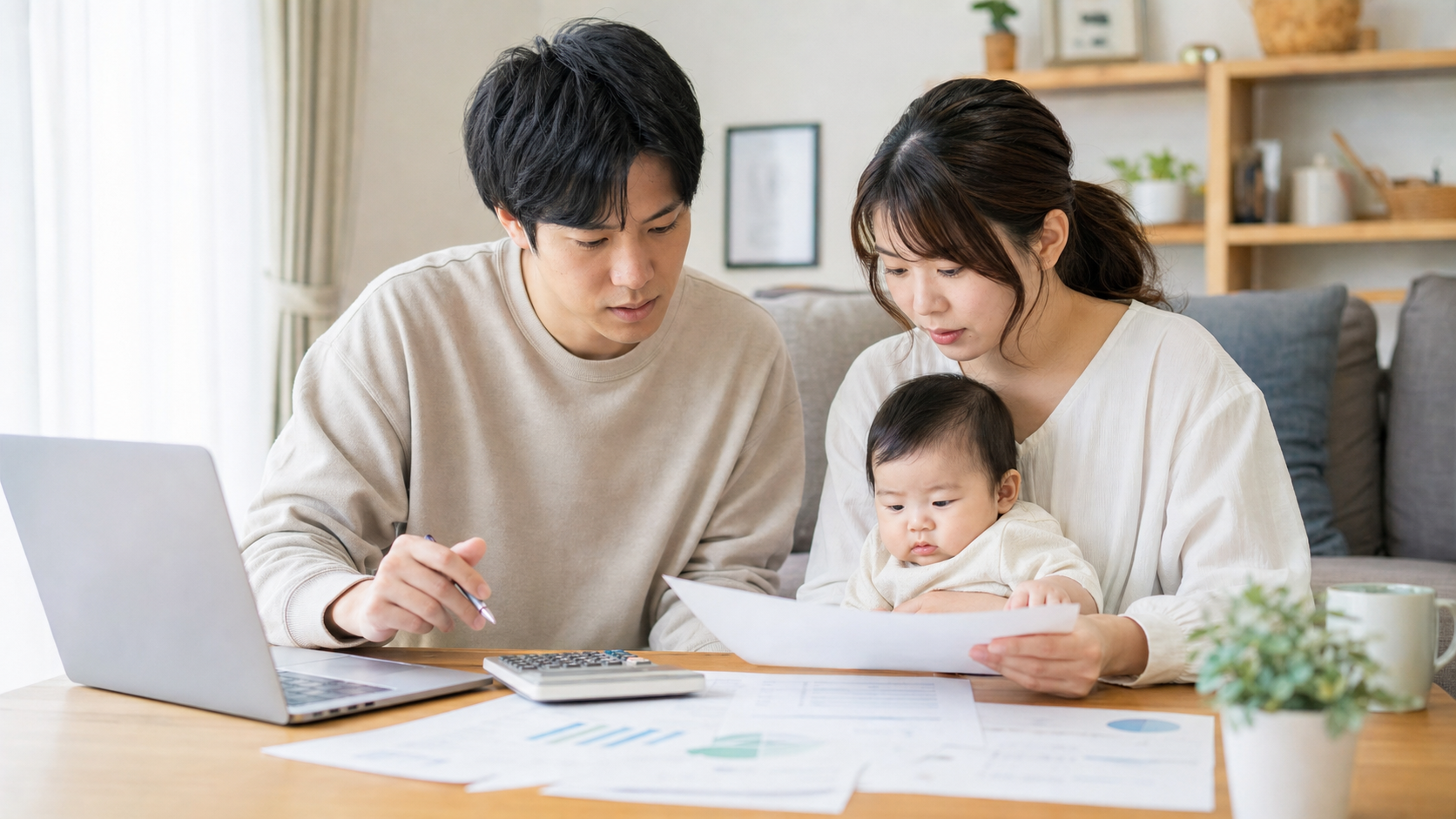 育休中の給付と家計を夫婦で確認する親子