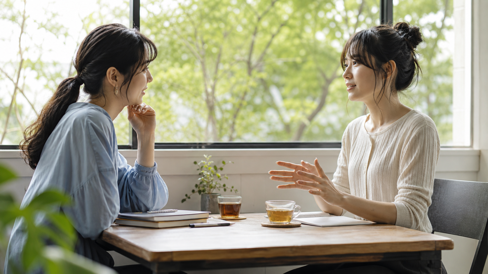 リア充の基準について友人と話しながら整理するイメージ