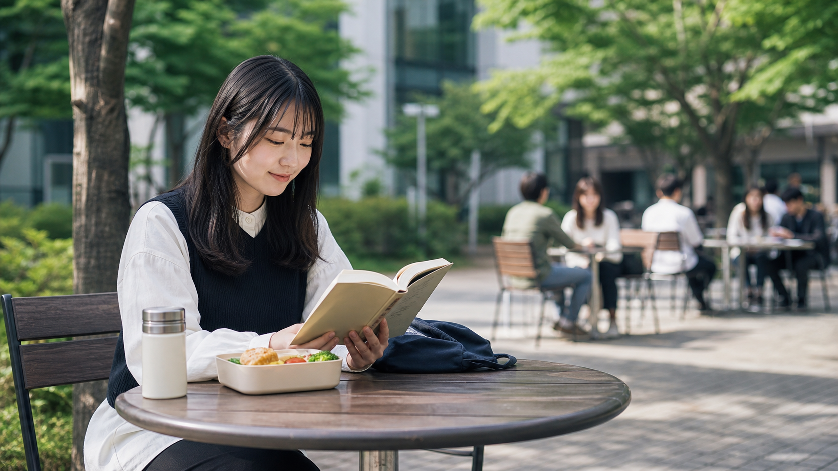 昼休みにキャンパスの屋外席で一人時間を過ごす大学生