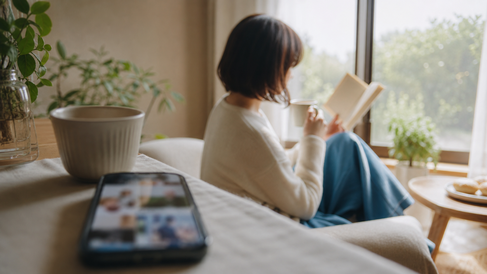 SNS投稿と現実の落ち着いた時間の違いを示すイメージ