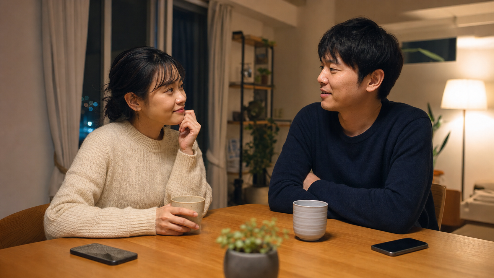 スマホを置いて会話するリア充夫婦の夜時間