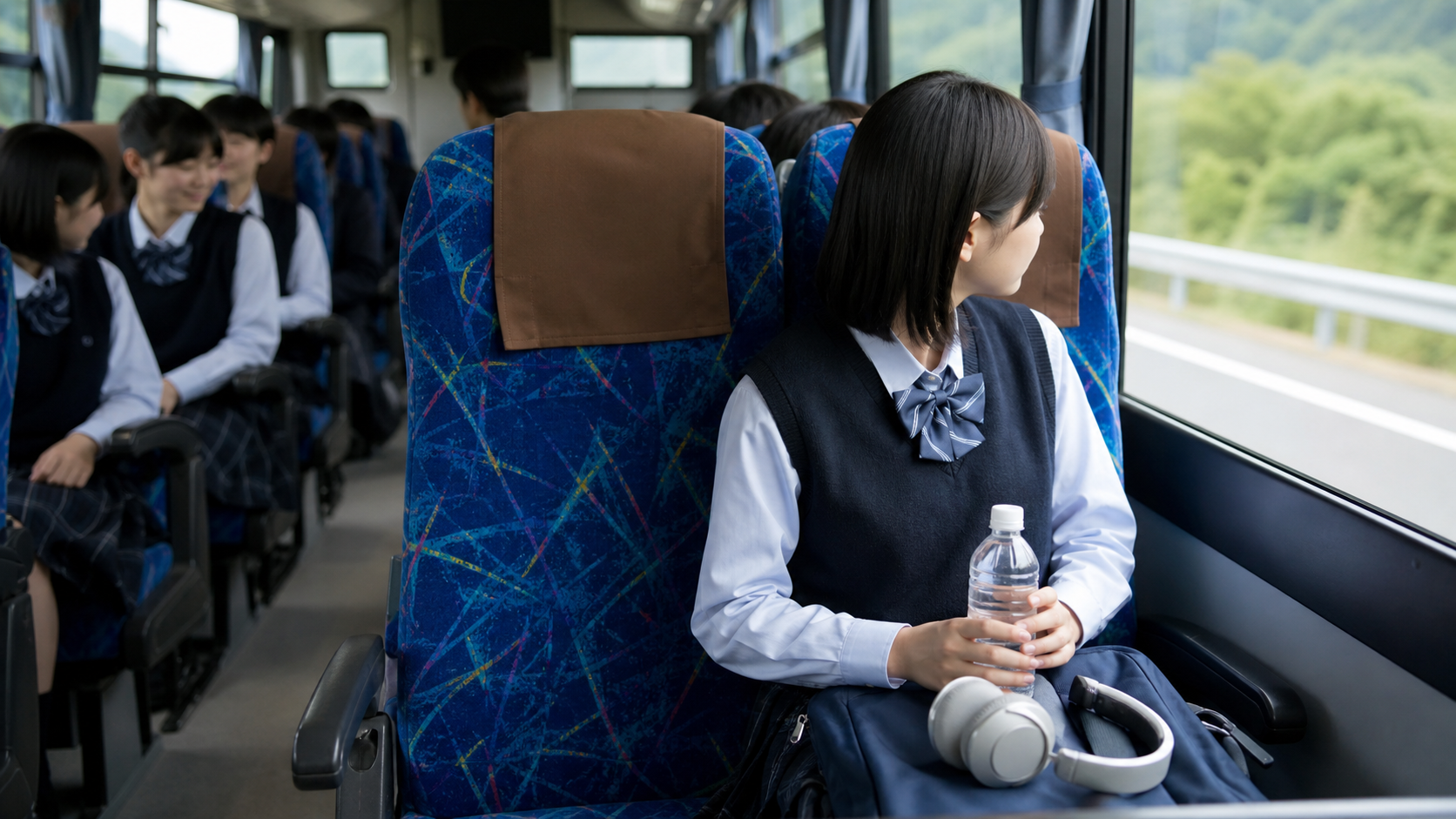 ぼっち遠足のバス移動で窓側の席に座り落ち着いて過ごす様子