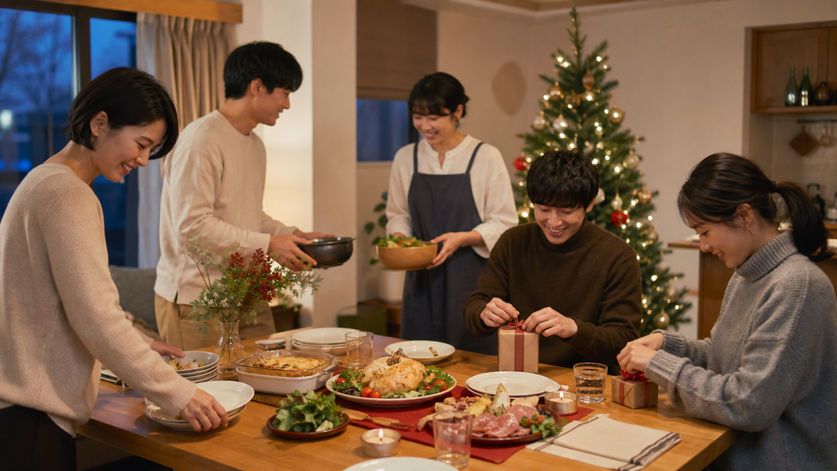 クリスマスの食卓で役割を分けて楽しむ友達