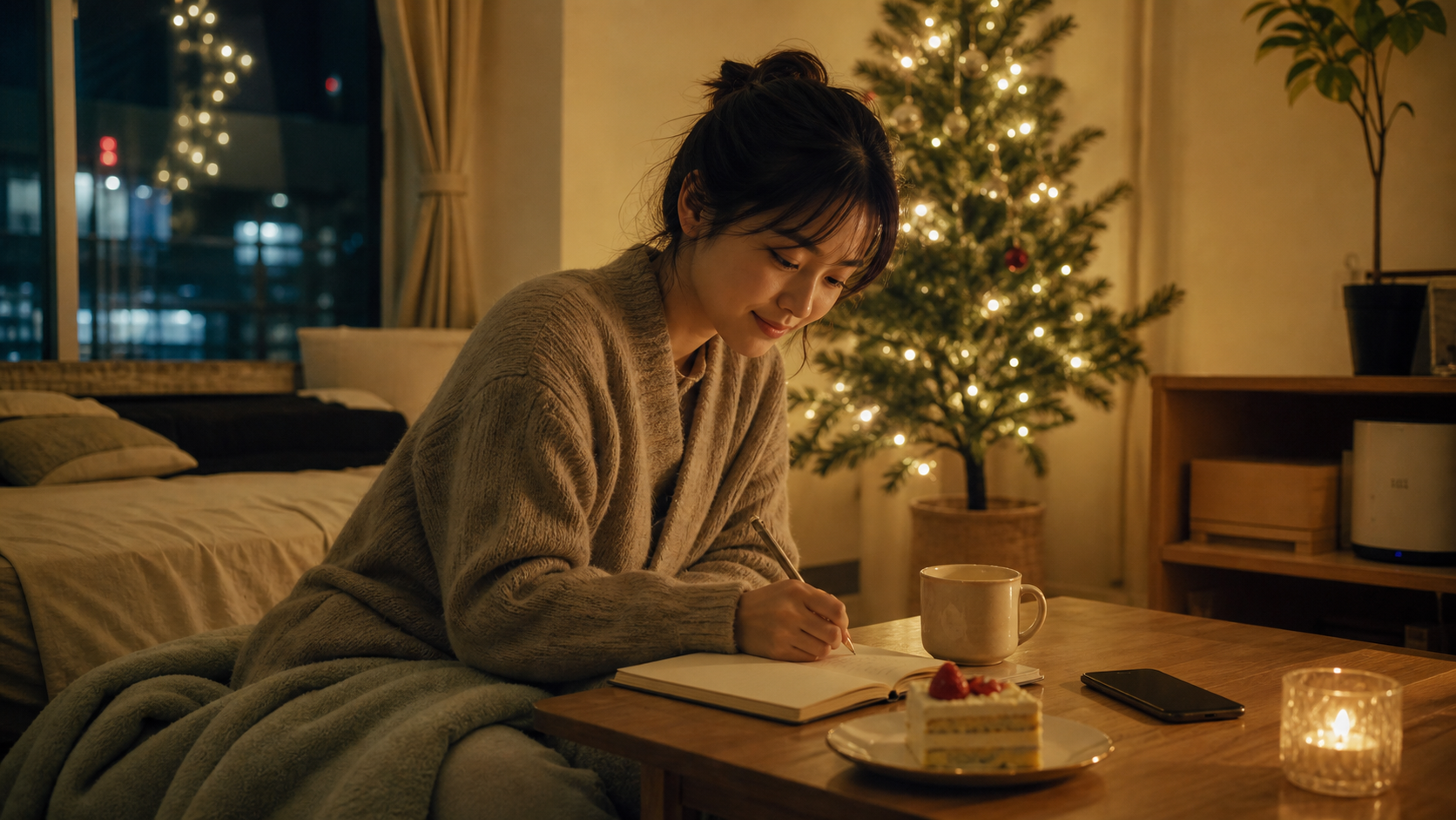 一人で温かく過ごすクリスマスの部屋