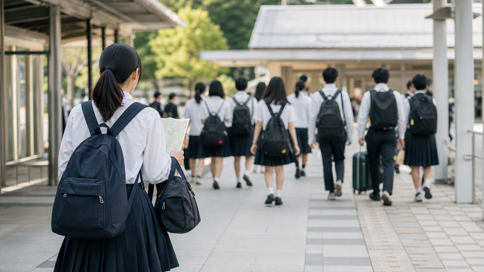 修学旅行当日に集団から少し離れて歩く学生
