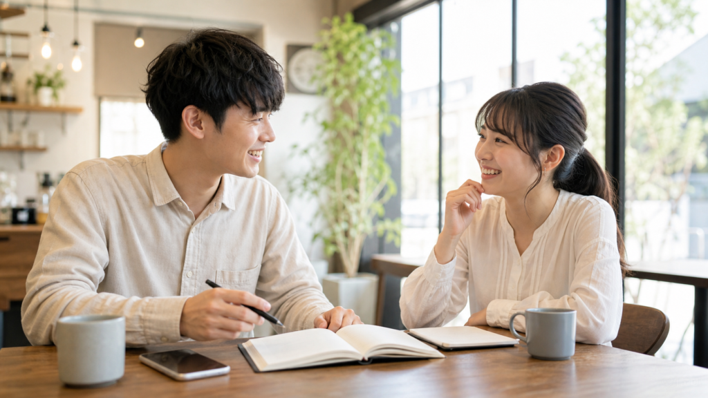 リア充を英語でどう表現するかをカフェで話し合う若者