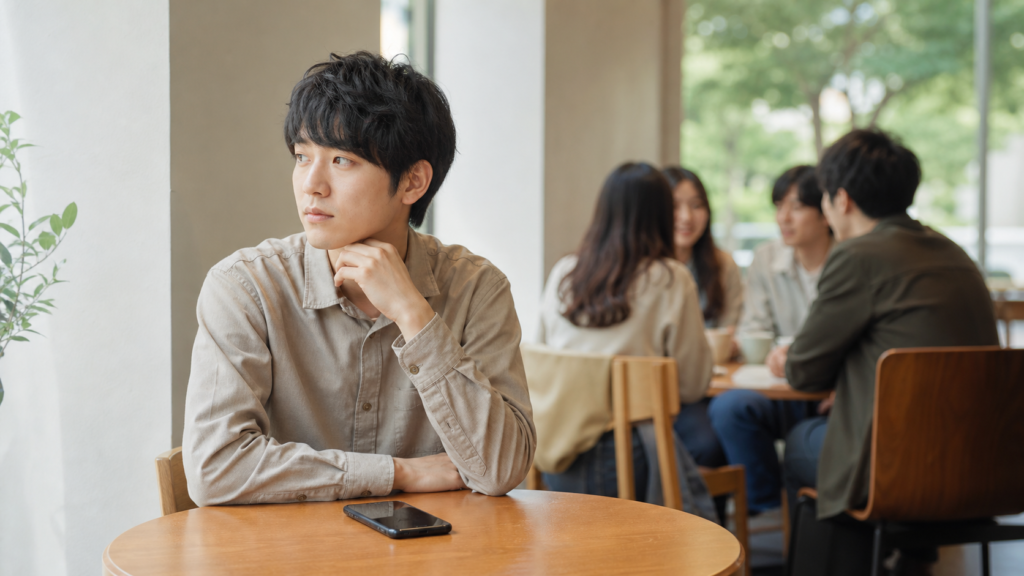 カフェで周囲と距離を置きながら自分の気持ちを整理する若者