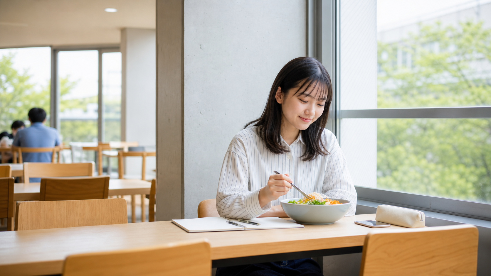 昼休みに一人で落ち着いて食事する学生