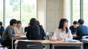 グループワークでぼっちになった学生が教室で不安を整理している様子