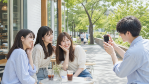 自然なリア充写真ポーズを撮る友人グループ