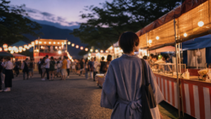 ぼっち夏祭りを一人で楽しむ人が屋台の灯りを眺めている様子