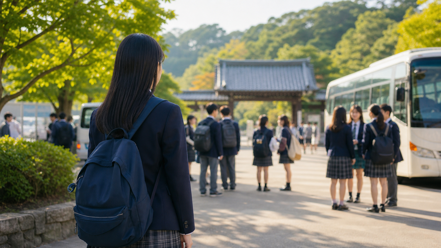 ぼっち遠足で一人参加が不安な学生が集合場所で落ち着いて準備する様子