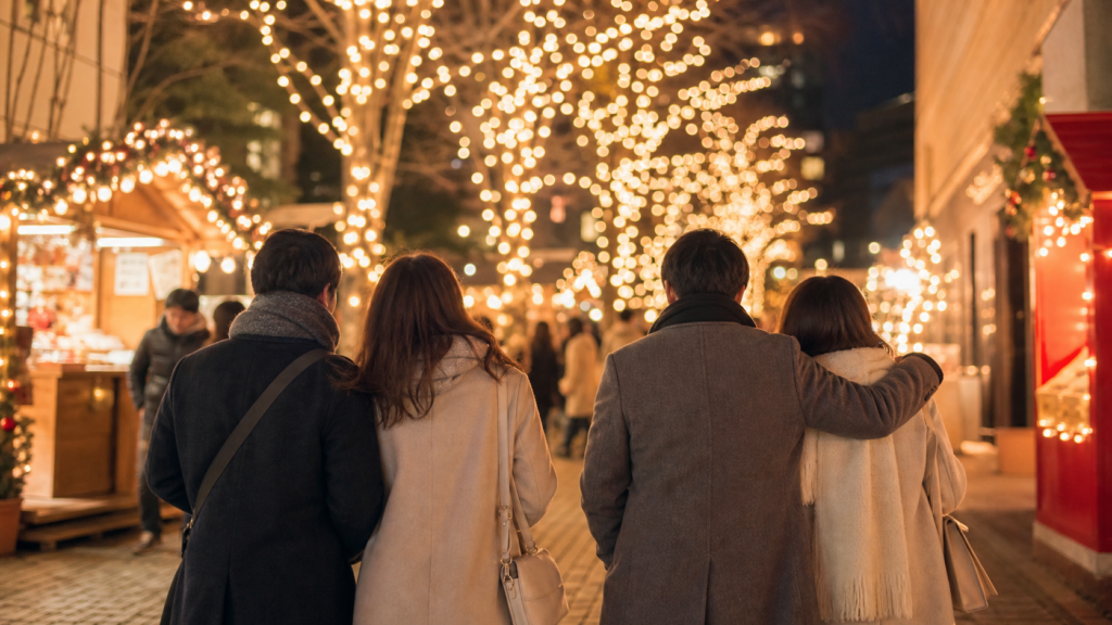 クリスマスマーケットを楽しむ恋人と友達の後ろ姿