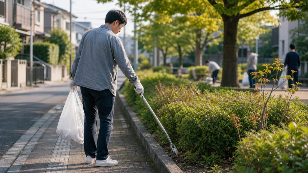 地域清掃で一人でも落ち着いてゴミ拾いをする人