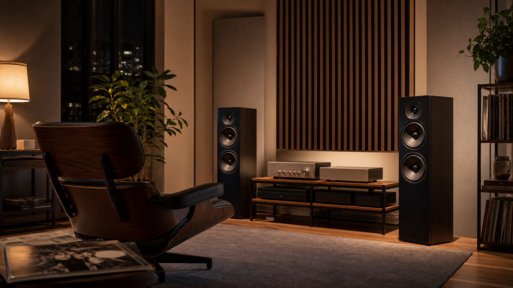夜の部屋で高級オーディオを楽しむ一人用リスニング空間