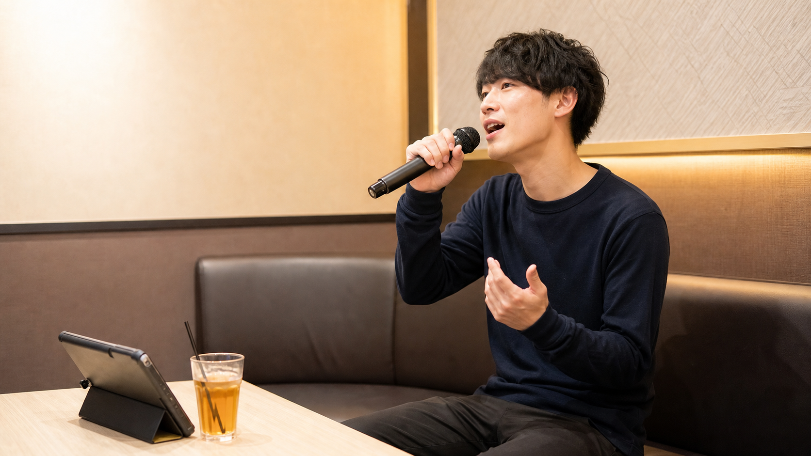 一人カラオケ練習でマイクを持って歌う男性