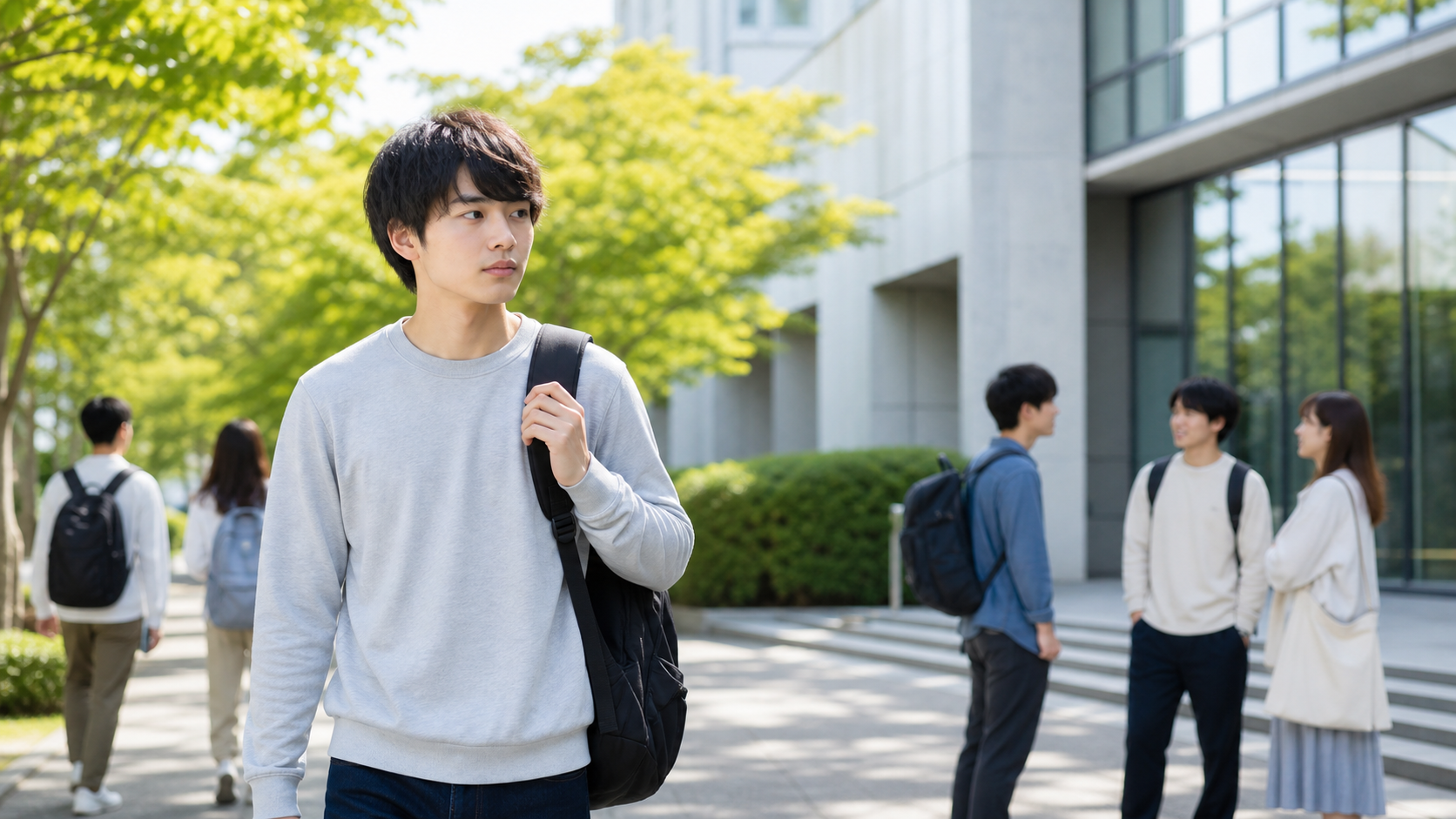 大学生のキョロ充がキャンパスで周囲を気にして歩く様子