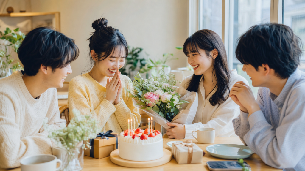 リア充の誕生日で友達とケーキや花束を囲むお祝いシーン