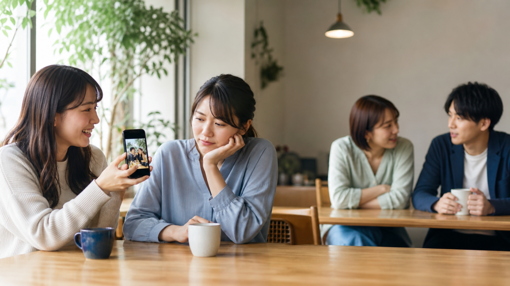 リア充が嫌われる理由とSNSや職場学校で嫌われない話し方を考えるカフェの会話シーン