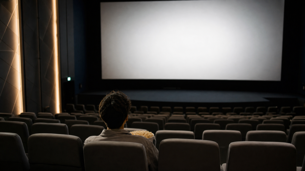 一人映画で後方席に座って映画館の座席選びをする人
