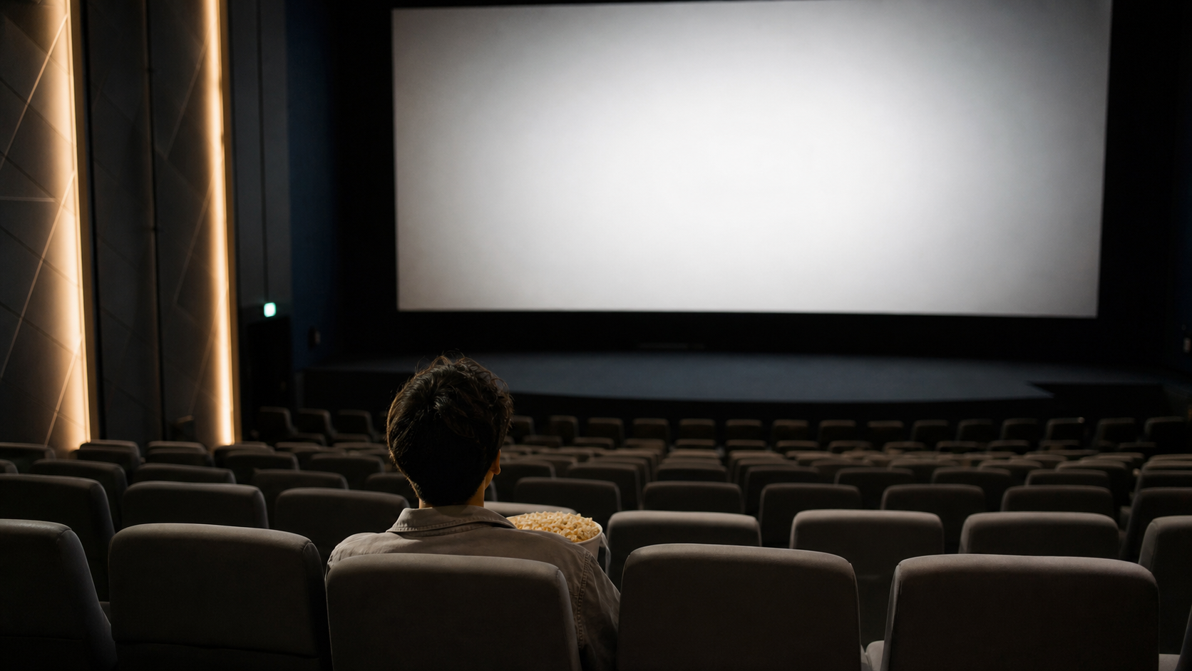 一人映画で後方席に座って映画館の座席選びをする人