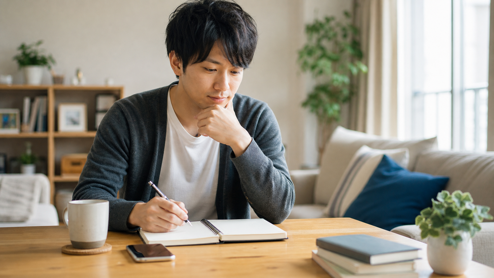 社会人が休日の過ごし方をノートで考えている週末の部屋