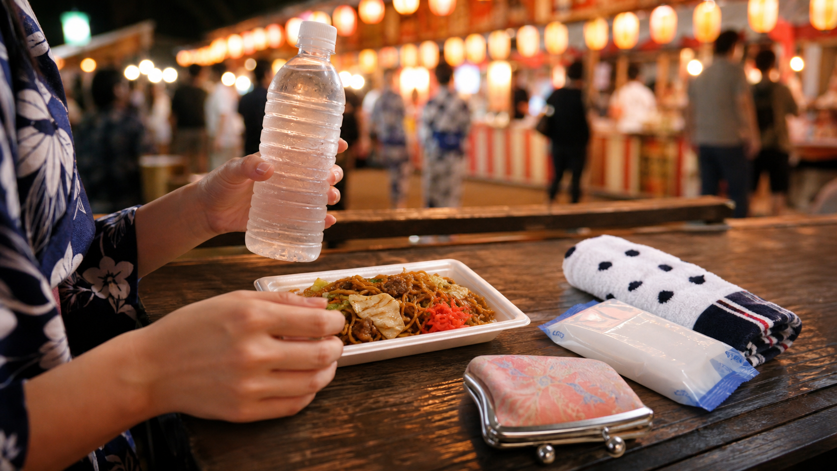ぼっち夏祭りで屋台料理と水分補給を落ち着いて楽しむ様子