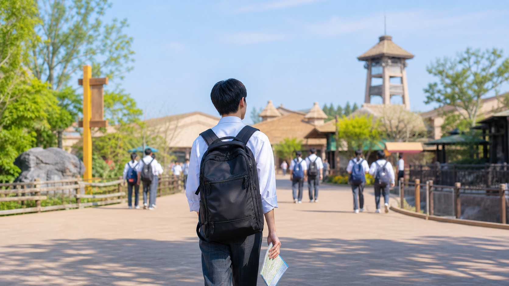 ぼっち遠足の自由時間に地図を持って一人で歩く様子