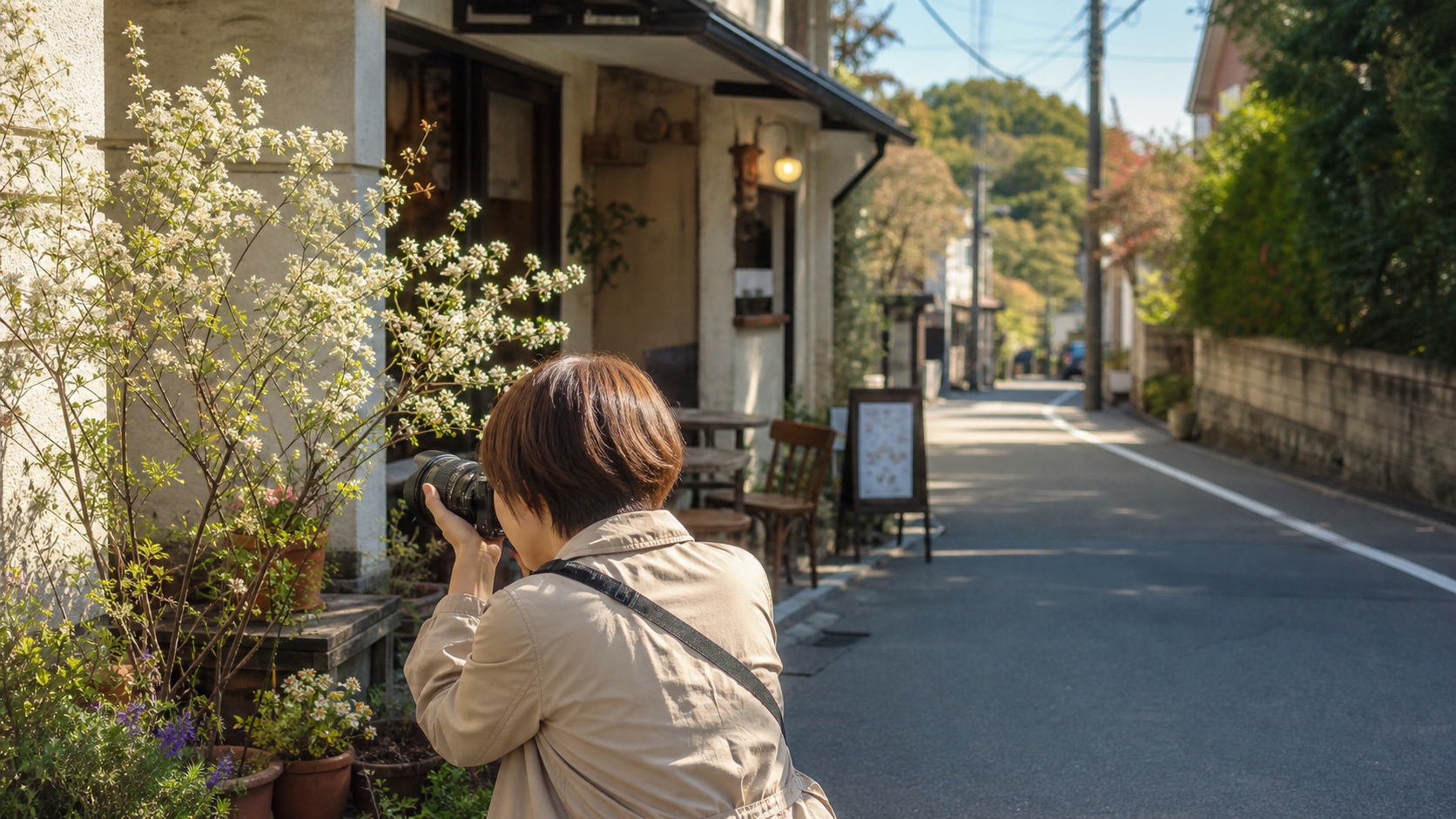 飽きない散歩の工夫として街角の花を撮影する様子