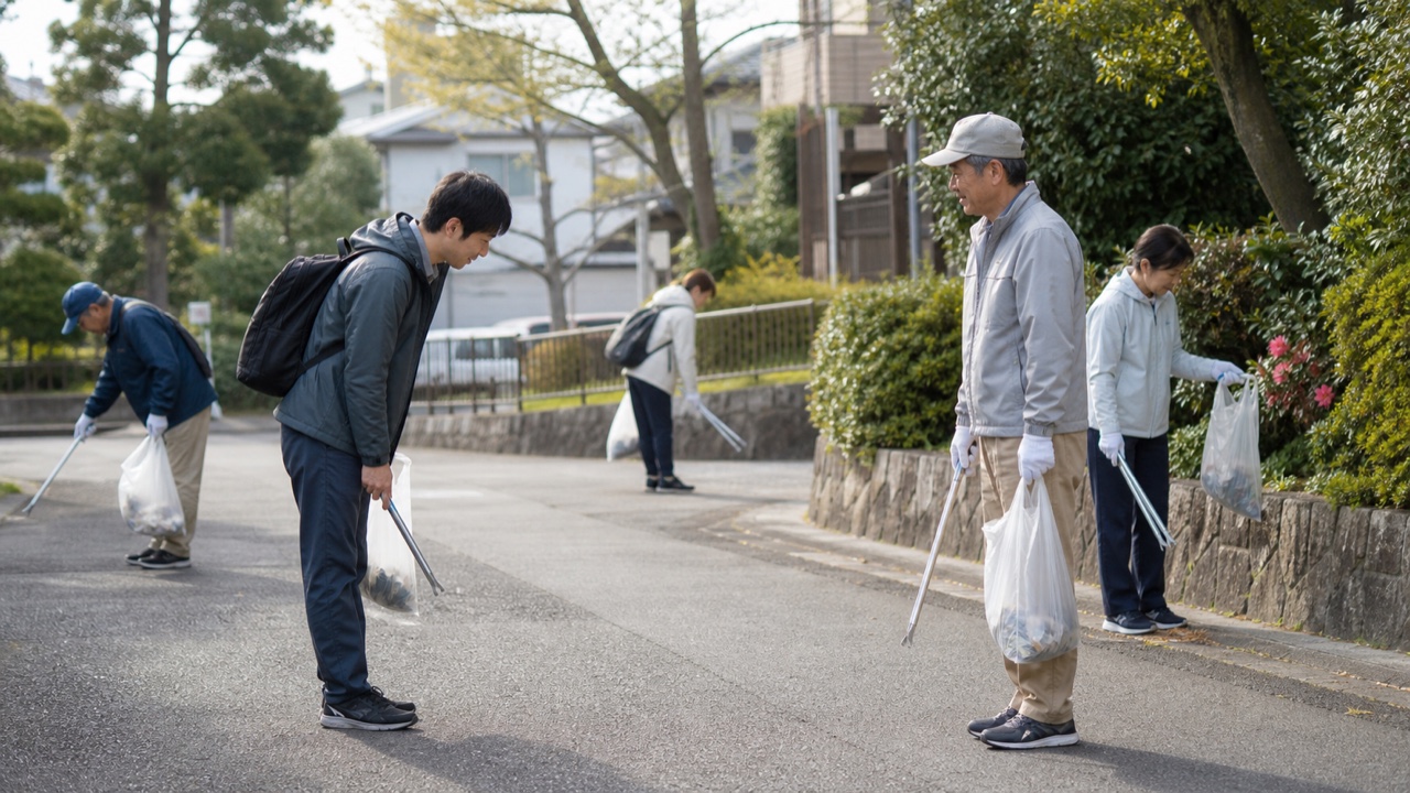 地域清掃で無理なく挨拶する参加者