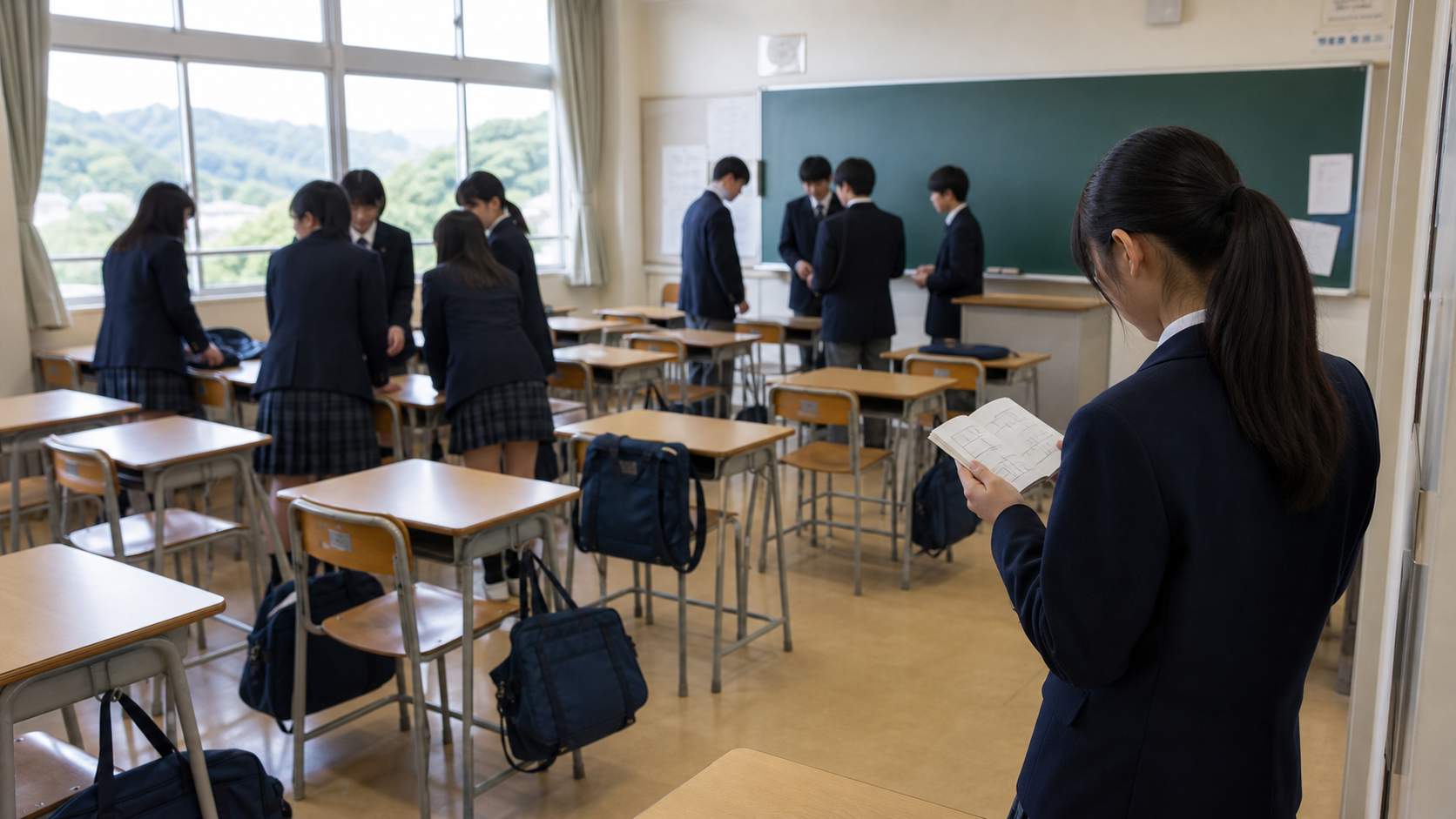 ぼっち遠足の班決め前に教室で持ち物や行動メモを確認する様子