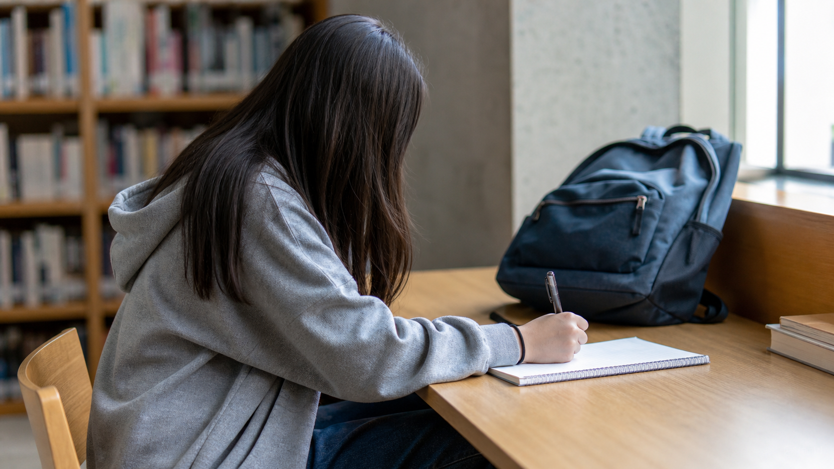 学校の静かな場所で一日の過ごし方をノートに整理する生徒